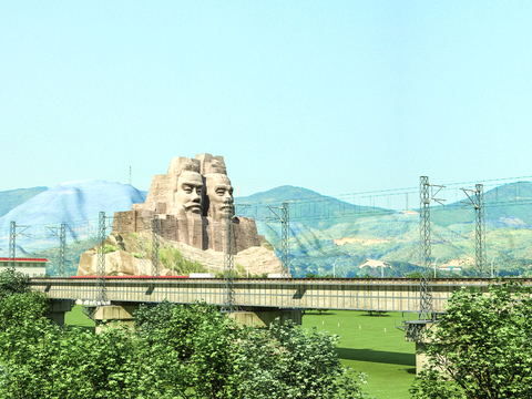 High-speed railway landscape Yanhuang two emperor sculpture