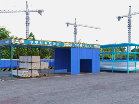 Temporary processing shed at construction site in material stacking area