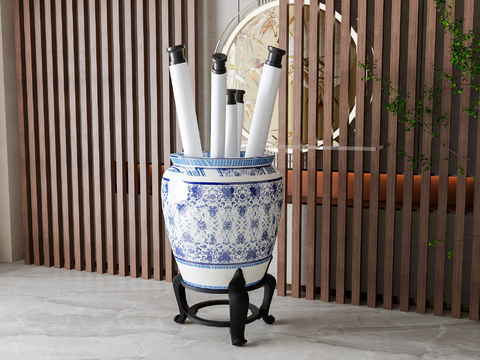 New Chinese-style Blue and White Porcelain Scroll Painting and Calligraphy Cylinder Ornaments