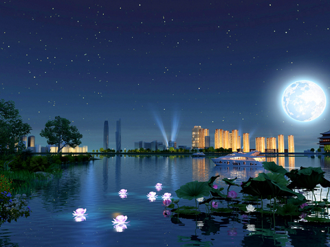 Night view of lotus lake in wetland park