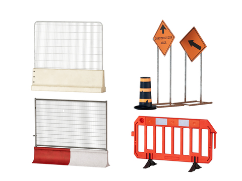 Road warning signs, barricades, safety barriers