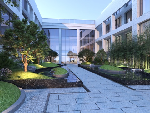 Modern office building landscape courtyard