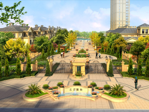 Garden Landscape Residential Community Entrance PSD