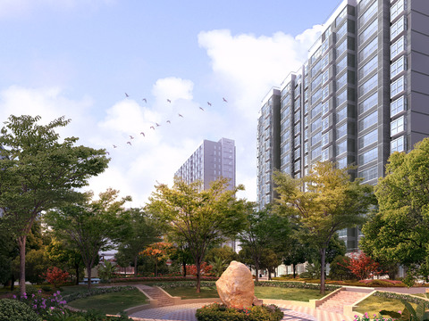 High-rise residential community inner Garden Landscape psd