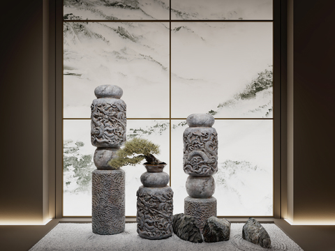 New Chinese-style Carved Stone Pillar and Horse-tied Stone