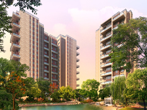 High-rise residential community inner Garden Landscape psd