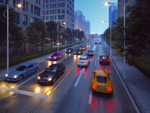 Night view, urban road, road facilities