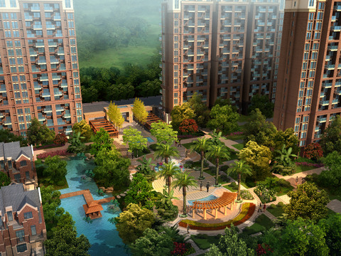 High-rise residential community inner Garden Landscape psd