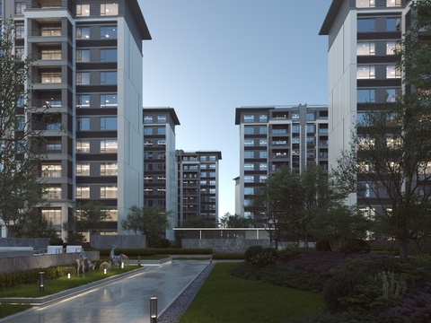 Night view of residential building in the inner court of the community