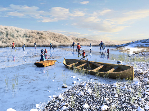 Winter Lake Skating Scene Ecological Wetland Park