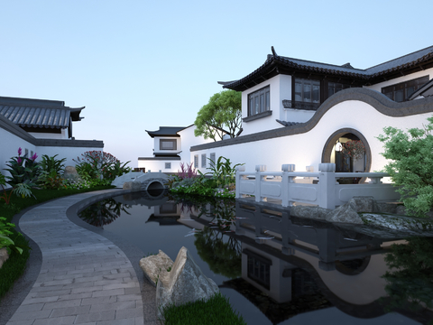 Chinese-style courtyard waterscape small bridge flowing water