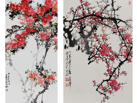 New Chinese Ink Painting Red Plum Blossom Painting Camellia Hanging Painting