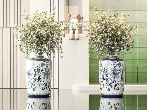 New Chinese-style Blue and White Porcelain Vase Flowers Green Plant Flowers