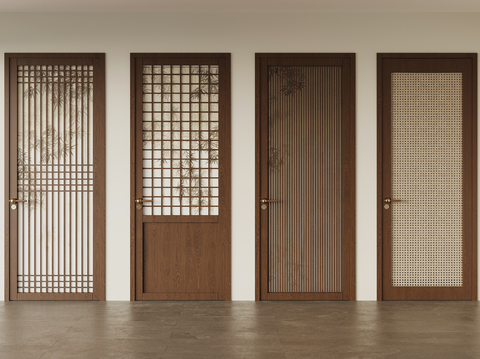 Middle-style single-door glass door rattan door