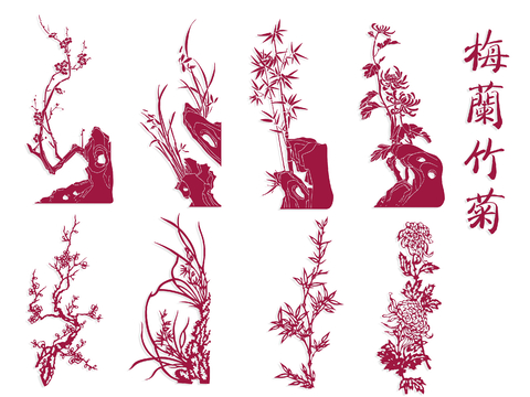 Plum, Oran, Bamboo and Chrysanthemum Wall Silhouette