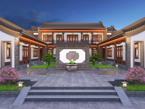 Neo-Chinese Style courtyard house with ancient night view