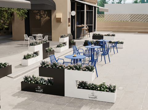 Black and white flower box flower trough outdoor tables and chairs