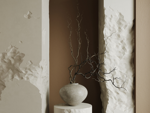 Pot Vase with Dried Branches and Dried Flowers