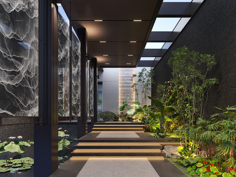 Modern courtyard waterscape interior landscape