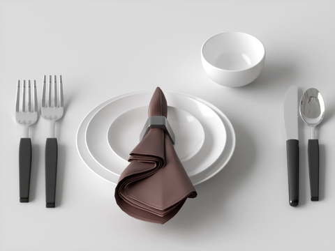 Modern dishes, knives and forks, cups