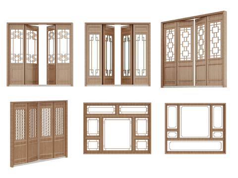 Chinese-style carved door, plaid door, floor-to-ceiling window, casement window