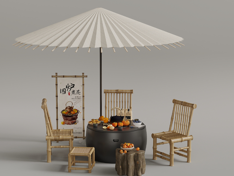 Outdoor tables and chairs round stove tea umbrellas