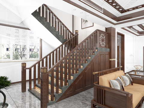 Neo-Chinese Style Staircase Handrail Staircase Column Staircase Step