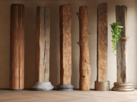 Quiet pillars, old wooden boards, wooden beams, column heads