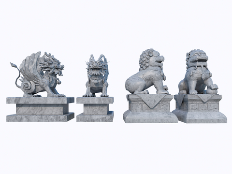 Chinese Style Stone Lion Unicorn Sculpture