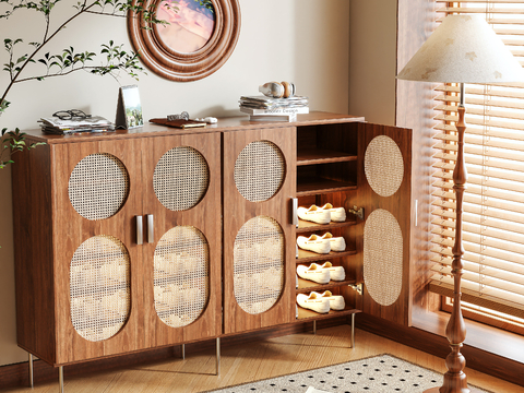 Log Style Shoe Cabinet Low Cabinet Rattan Cabinet