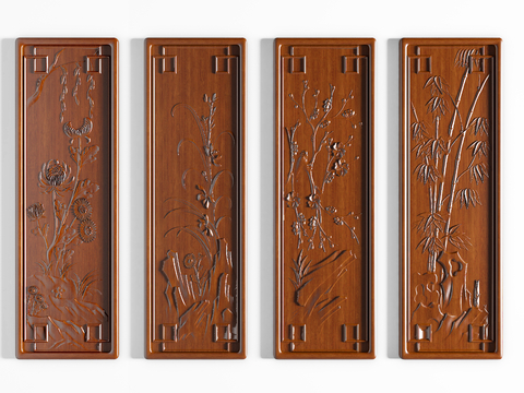 Chinese-style Solid Wood Hanging Painting Plum, Orchid, Bamboo and Chrysanthemum Hanging Painting Relief Painting