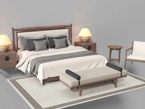 New Chinese Double Bed Fabric Bed Solid Wood Bed