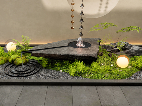 Landscape sketch moss landscaping cold rain chain fountain