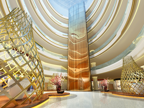 Modern shopping mall atrium elevator hall