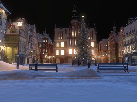 European Town Square Christmas Snow