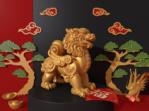 New Chinese-style Golden Unicorn Sculpture Ornaments