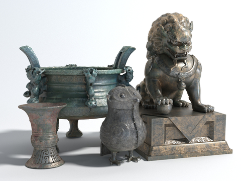 Chinese Sculpture Bronze Ding Stone Lion Sculpture