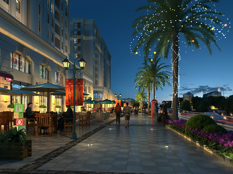 European-style night view of commercial street