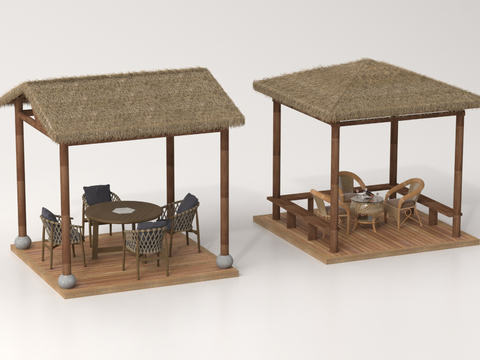 Chinese Style Outdoor Table and Chair Camping Table and Chair Thatch Canopy Awning