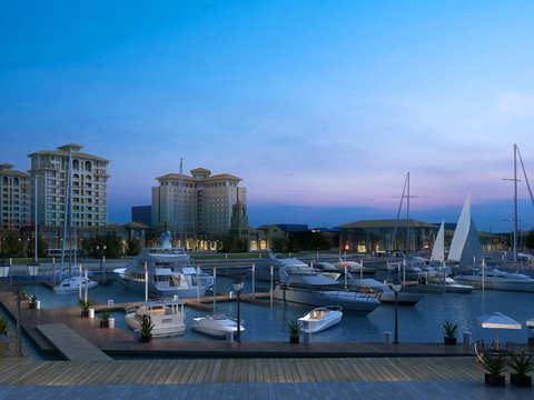 Night view of modern yacht marina