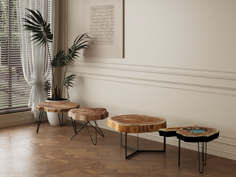 A few round original wooden tables