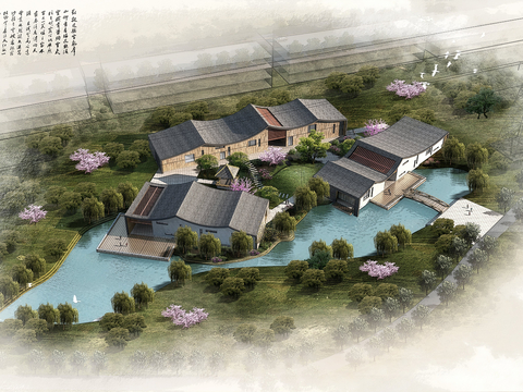 Aerial view of Chinese-style country resort villa area