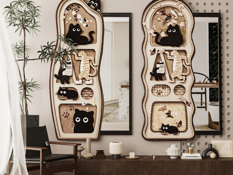 Mid-century Style Cat Mirror Hanging Painting Decorative Painting