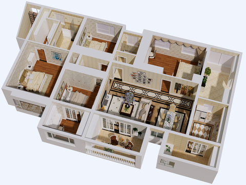 Modern Model Room Large Flat Floor Aerial View of Four-bedroom