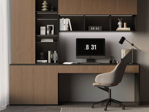 Italian-style integrated bookcase desk and chair