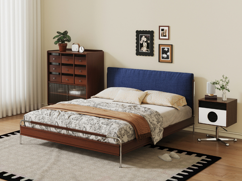 Mid-century Style double bed solid wood bed