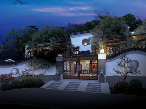 Chinese-style courtyard facing the door