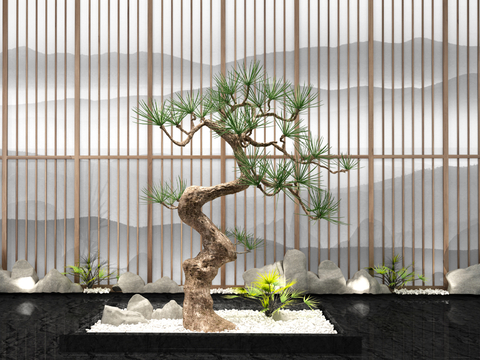 New Chinese Courtyard with Pine Tree Landscape