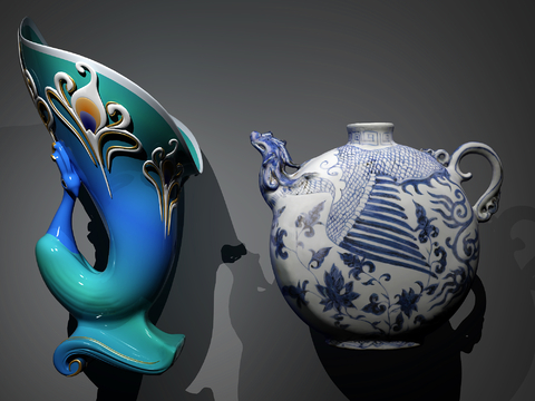 New Chinese Peacock Vase Blue and Blossom Phoenix Head Flat Pot