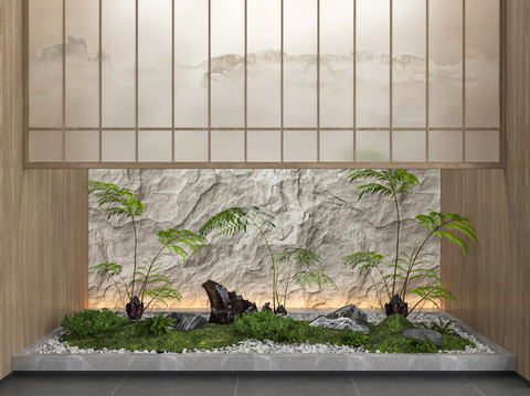 Neo-Chinese Style Indoor Landscaping Green Plant Pile Stone Landscape